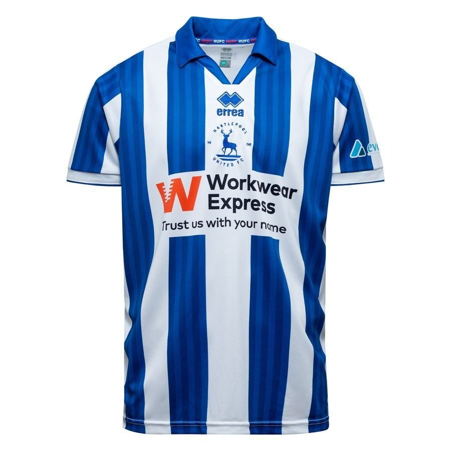 Hartlepool United 2024/25 home shirt with the Workwear Express logo across the chest